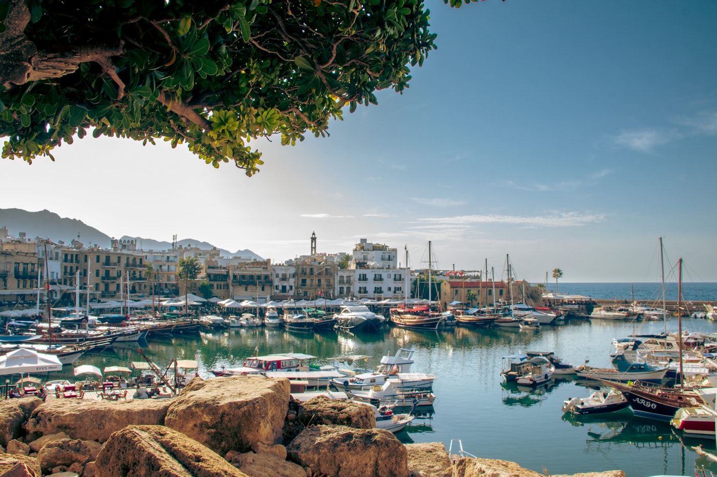 Kyrenia harbour with boats and castle walls