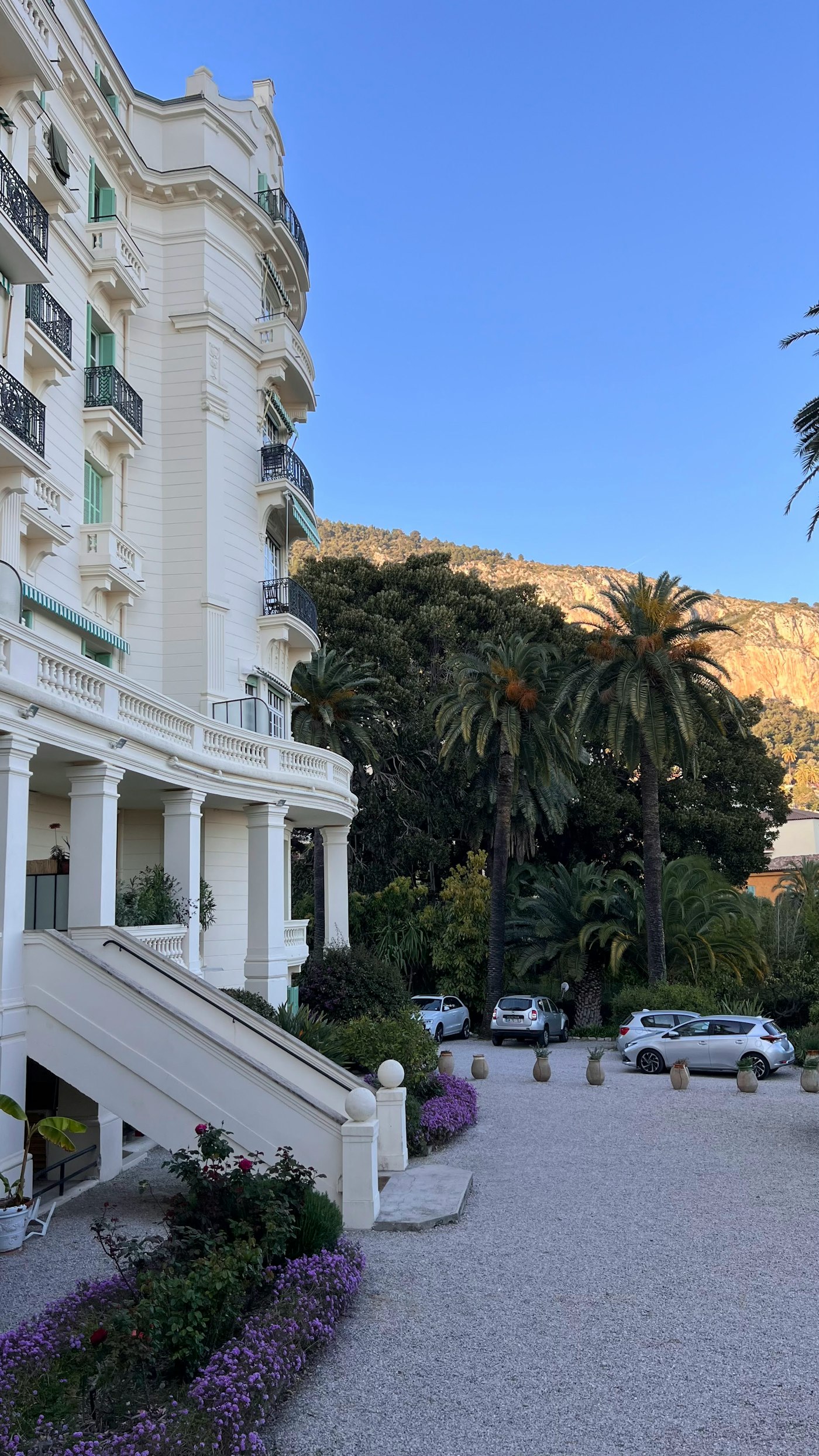 White hotel building framed by palm trees