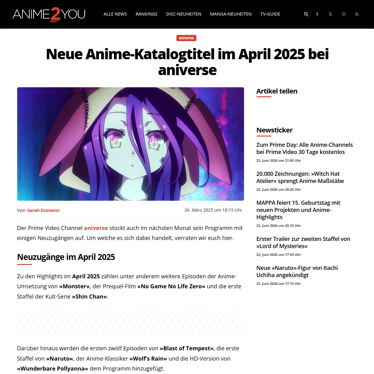Screenshot des Anime2You Artikels zu den aniverse Katalogtiteln im April 2025