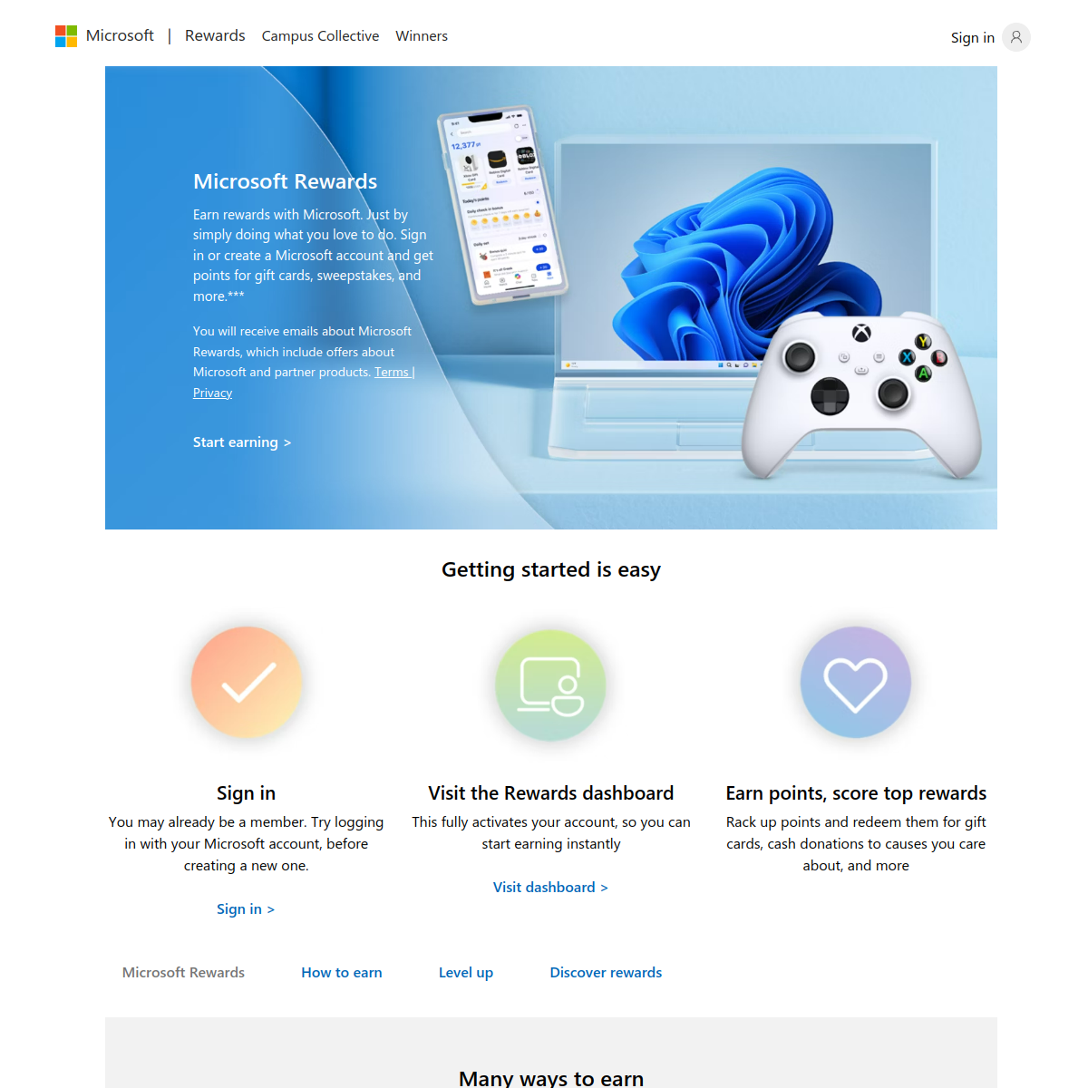Screenshot of the Microsoft Rewards welcome page showing quiz and trivia features