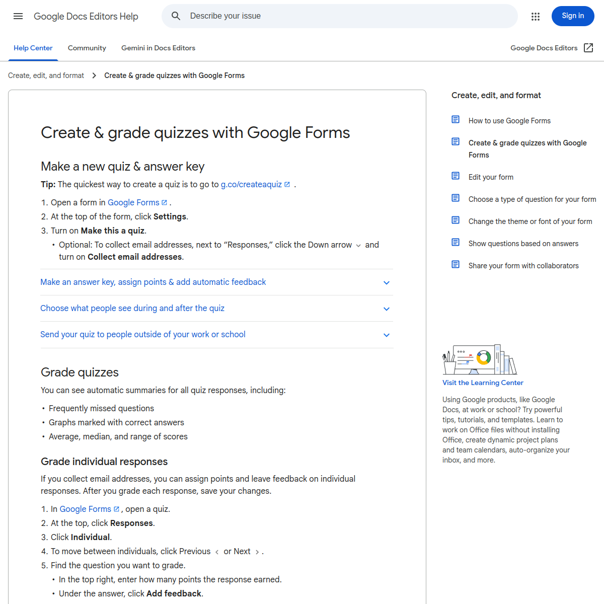 Capture de la page officielle Google Forms sur la creation dun quiz