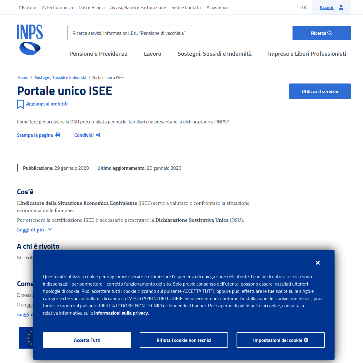 Schermata del Portale unico ISEE di INPS