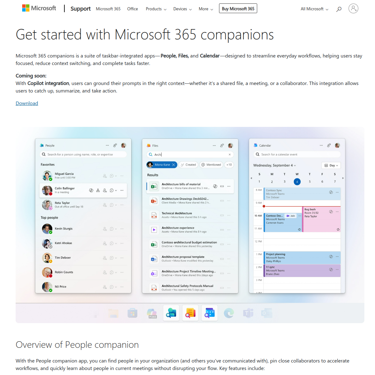 Screenshot of the Microsoft support page for Microsoft 365 companions