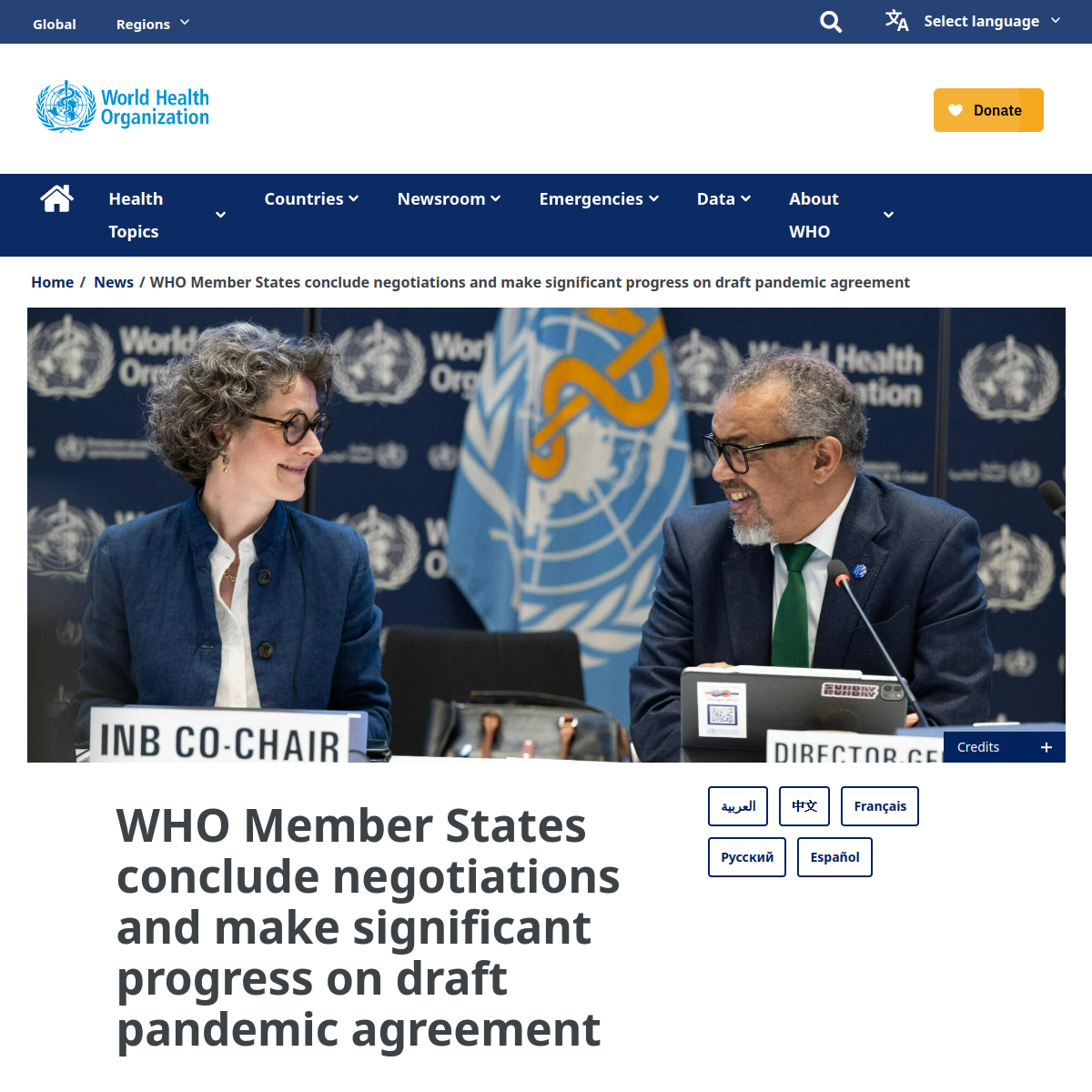 Screenshot of the WHO page about the draft pandemic agreement negotiations